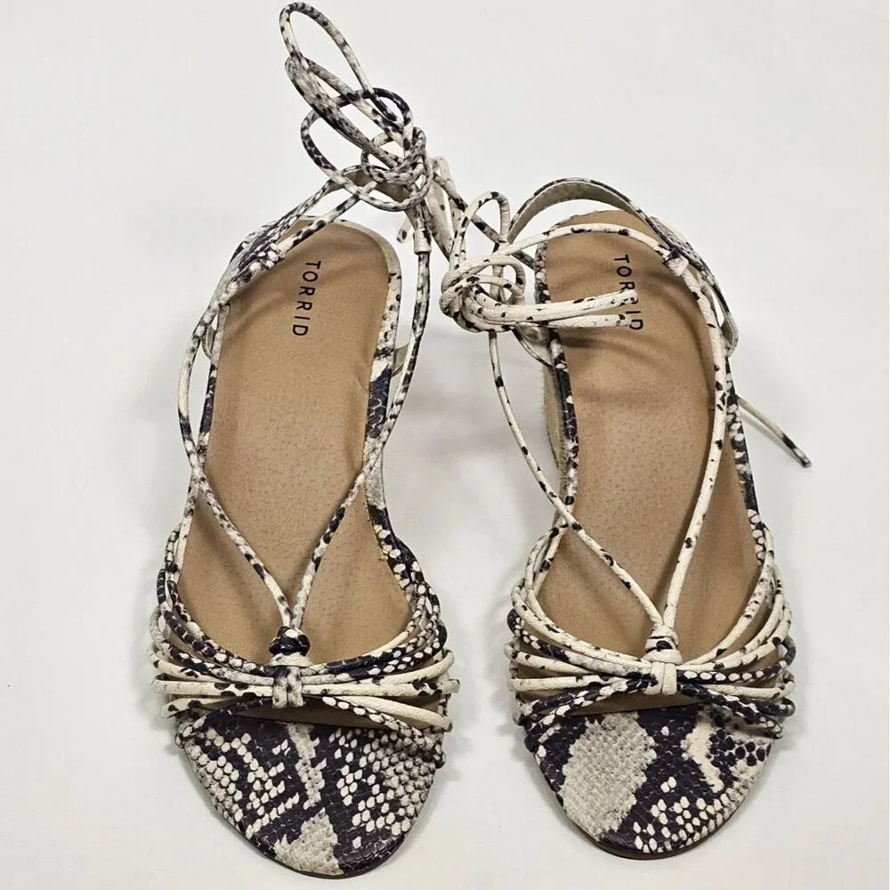 Torrid Sandals Snake Ankle Lace Up Wrap Cork Wedge Shoes Sz 8.5 Wide Espadrille